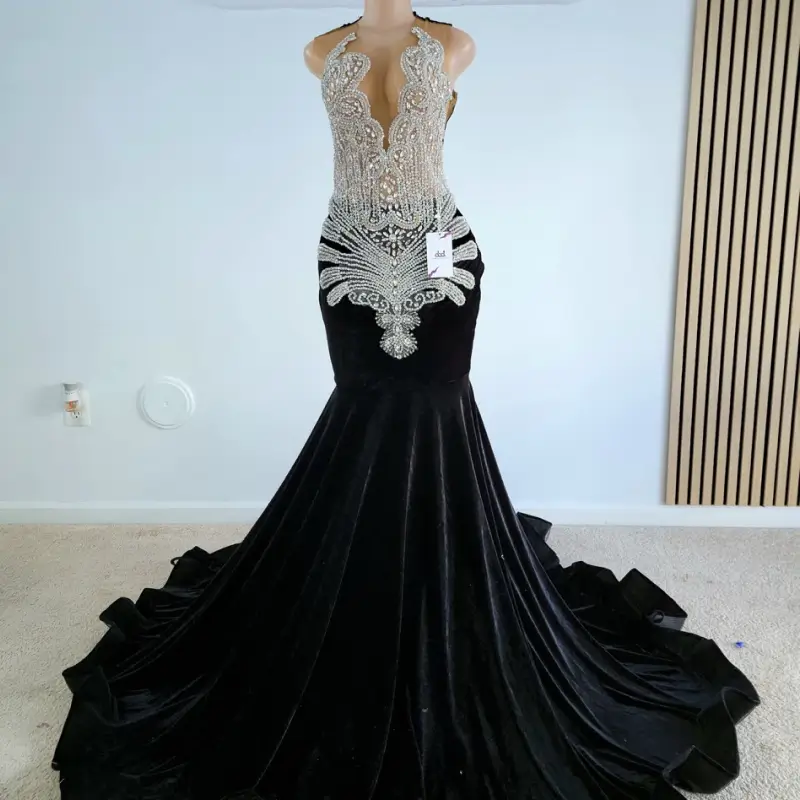 Beaded Pleated Off-Shoulder Velvet Prom Dress-Custom Made in Maryland