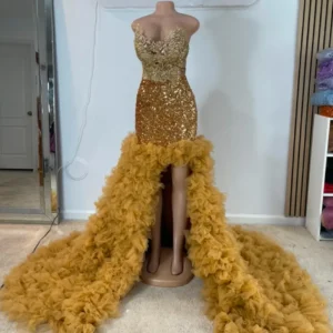 Elegant Deep V-Neck Gold Floral Embellished Prom Dress with Beaded Off-Shoulder Straps-Custom Made in Maryland