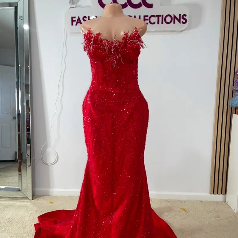 Fully Beaded Pleated Scoop-Neck Off-Shoulder Sleeveless Prom Dress-Custom Made in Maryland