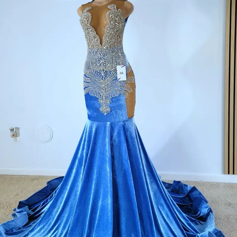 Velvet Deep V-Neck Beaded Gown with Off-Shoulder Straps Prom Dress-Custom Made in Maryland