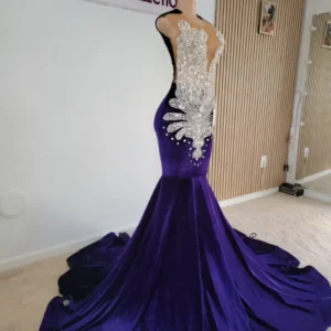 Velvet Deep V-Neck Beaded Slay Gown with Off-Shoulder Straps Prom Dress-Custom Made in Maryland