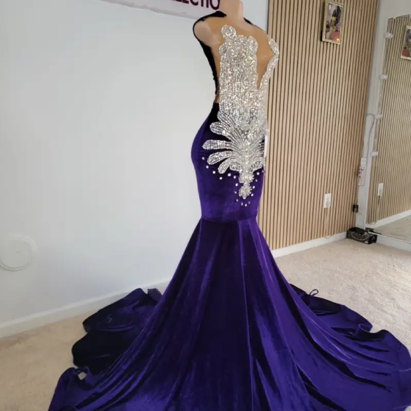 Velvet Deep V-Neck Beaded Slay Gown with Off-Shoulder Straps Prom Dress-Custom Made in Maryland