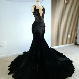 Deep V-Neck Off-Shoulder Straps Beaded Prom Dress-Custom Made in Maryland