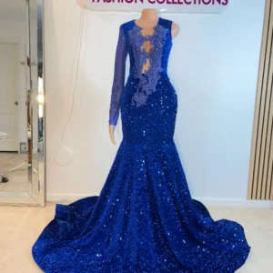 Elegant One Full-Sleeve Deep V-Neck Beaded Prom Dress-Custom Made in Maryland