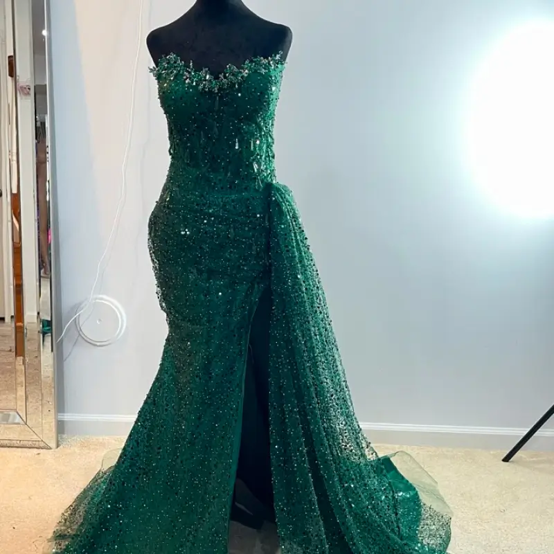 Scoop-Neck Off-Shoulder Sleeveless Fully Beaded Pleated Prom Dress-Custom Made in Maryland