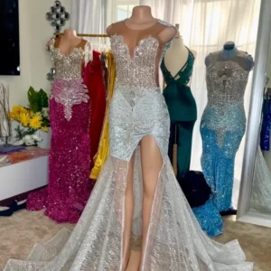 Fully beaded V-Neck Beaded Slay Prom Gown with Off-Shoulder Straps-Custom Made in Maryland