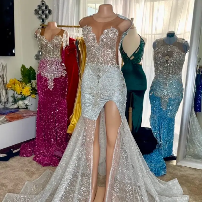 Fully beaded V-Neck Beaded Slay Prom Gown with Off-Shoulder Straps-Custom Made in Maryland