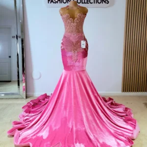 Pink Beaded Pleated V-neck Velvet Prom Dress-Custom Made in Maryland
