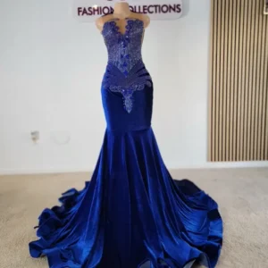 Off-Shoulder Pleated Blue Velvet Prom Dress-Custom Made in Maryland