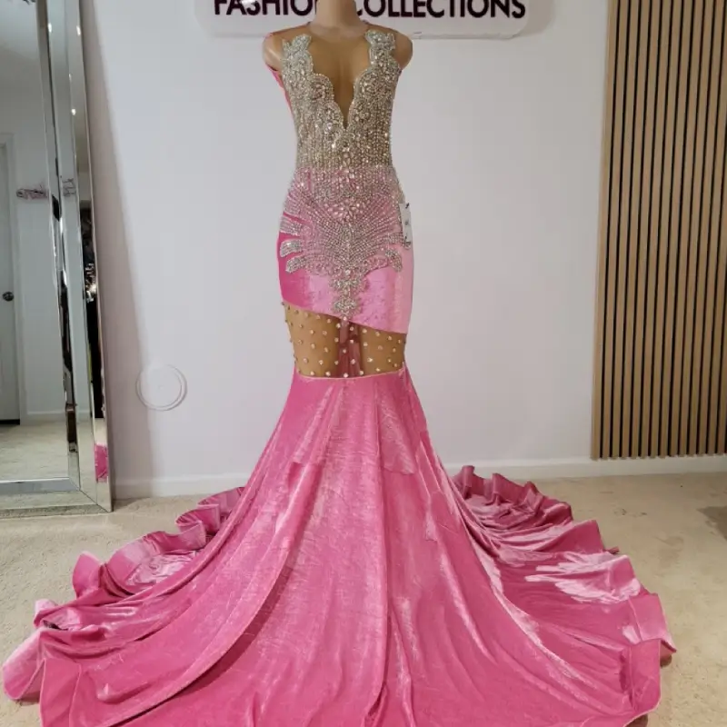 V-neck Beaded Pleated Velvet Prom Dress-Custom Made in Maryland