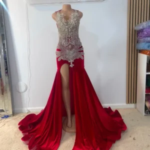 Beaded Pleated Off-Shoulder Red Velvet Prom Dress-Custom Made in Maryland