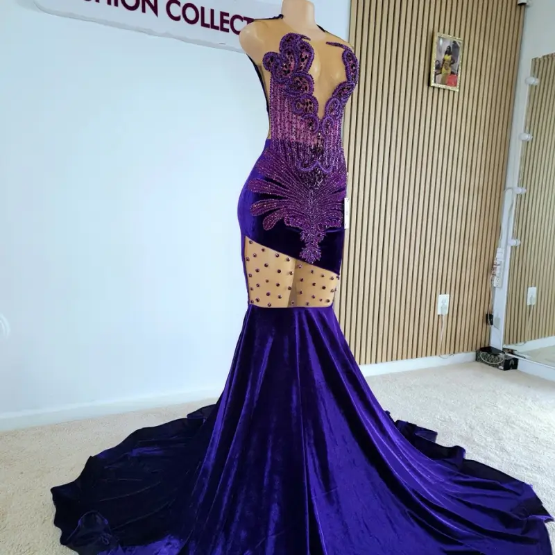 Beaded Off-Shoulder Straps Purple Velvet Gown with Deep V-Neckline-Custom Made in Maryland