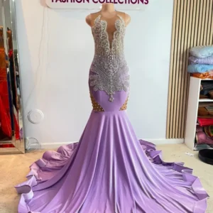 Light-Purple Velvet Prom Dress with Deep V-Neck and Beaded Off-Shoulder Straps-Custom Made in Maryland