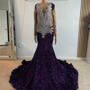 Purple Deep V-Neck Full Sleeved Beaded Prom Gown custom made prom dress in Maryland